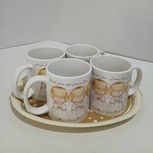 Hallmark (4) Mugs & Tin Tray Set Three Angels Playing horn Flute Harp instrument